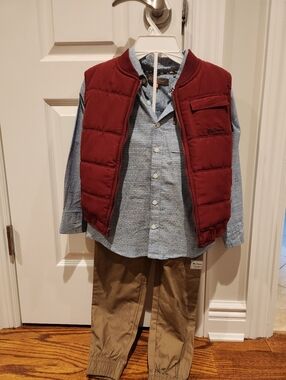 Ben Sherman Boys Burgundy Puffer Vest with Chambray Shirt & Khaki Joggers